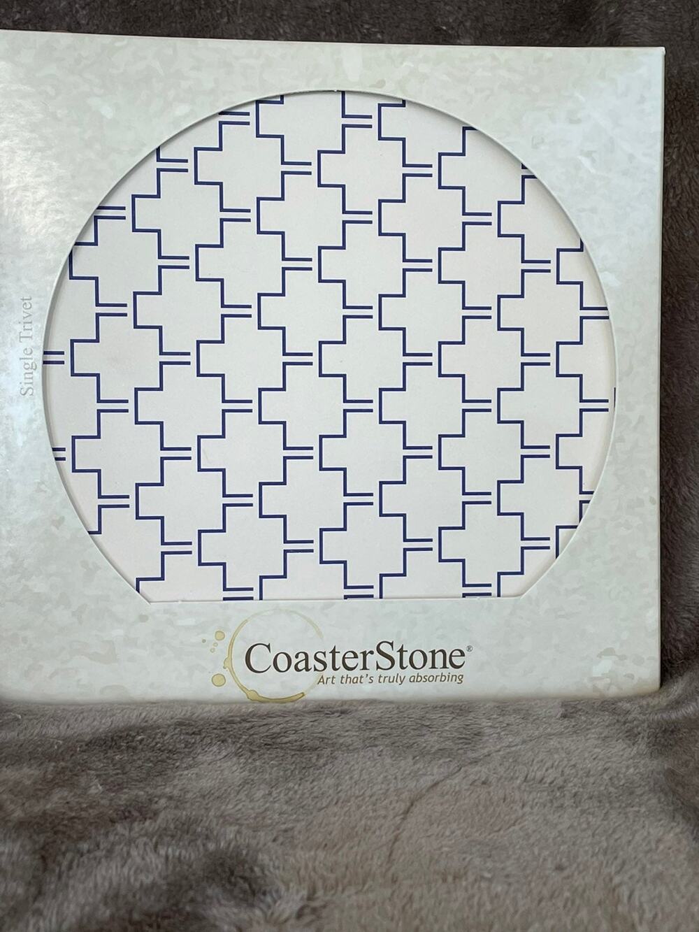 CoasterStone Trivet Absorbent Coaster 7” Square White Graphic Geometric Blue NOS